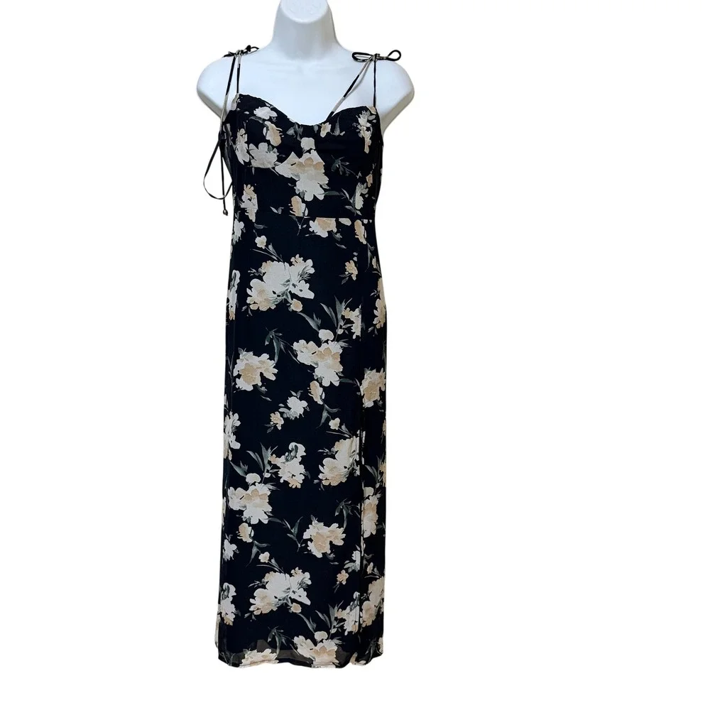Petal‎ + Pup Womens Black Floral Sweetheart Tie Strap Midi Dress Slit US 12 NEW